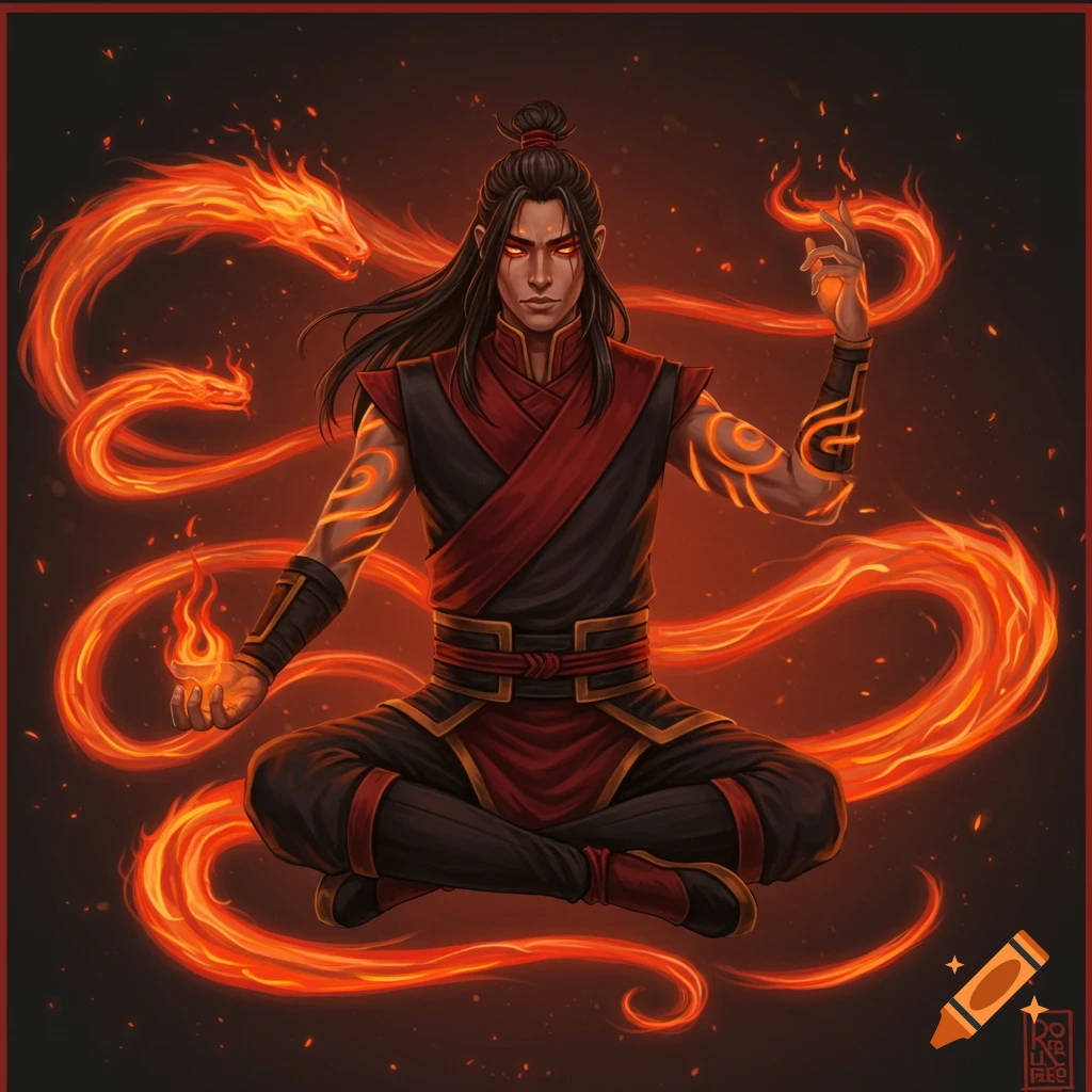 A man meditating with fire serpent effects around him.