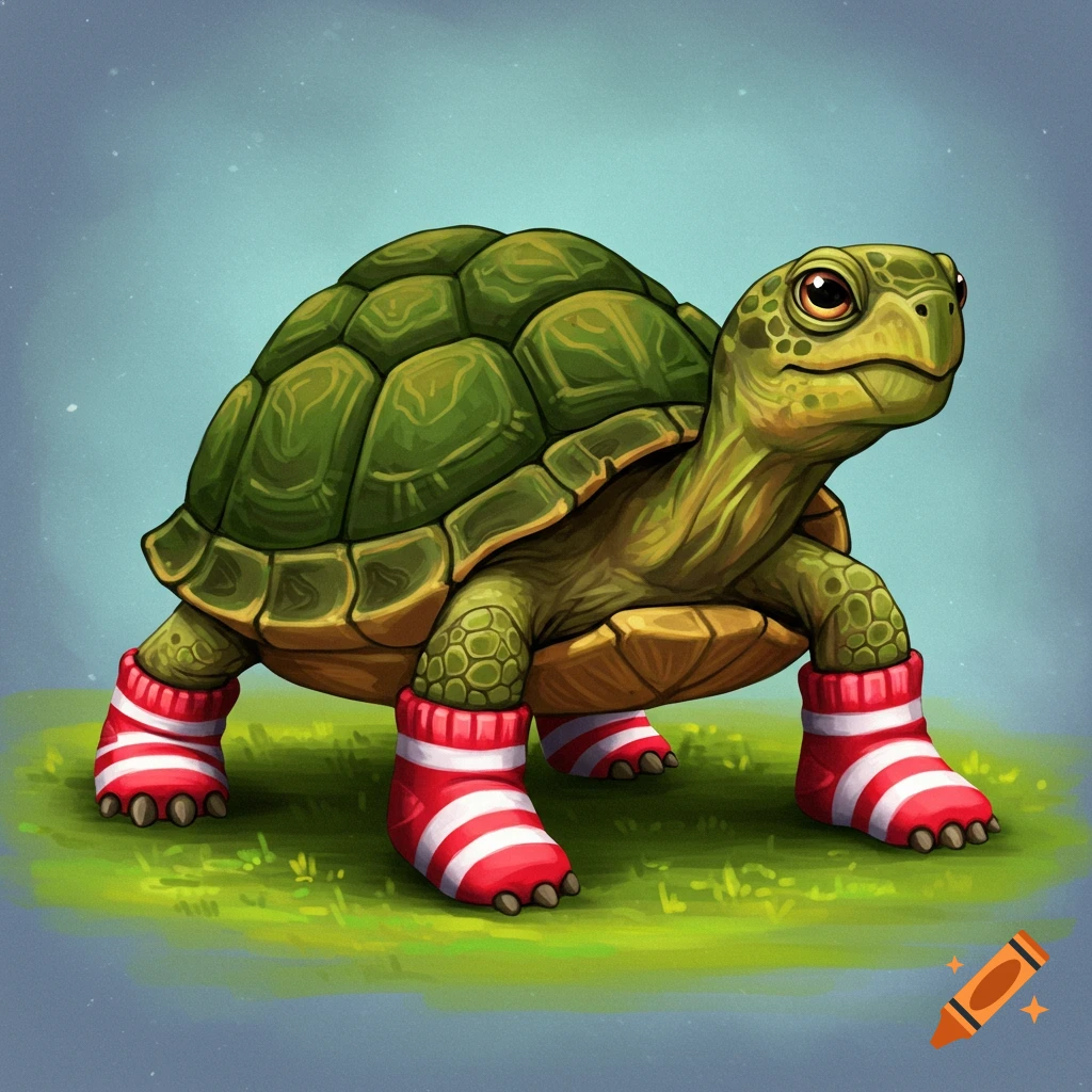 A turtle wearing red and white striped socks, standing on grass.