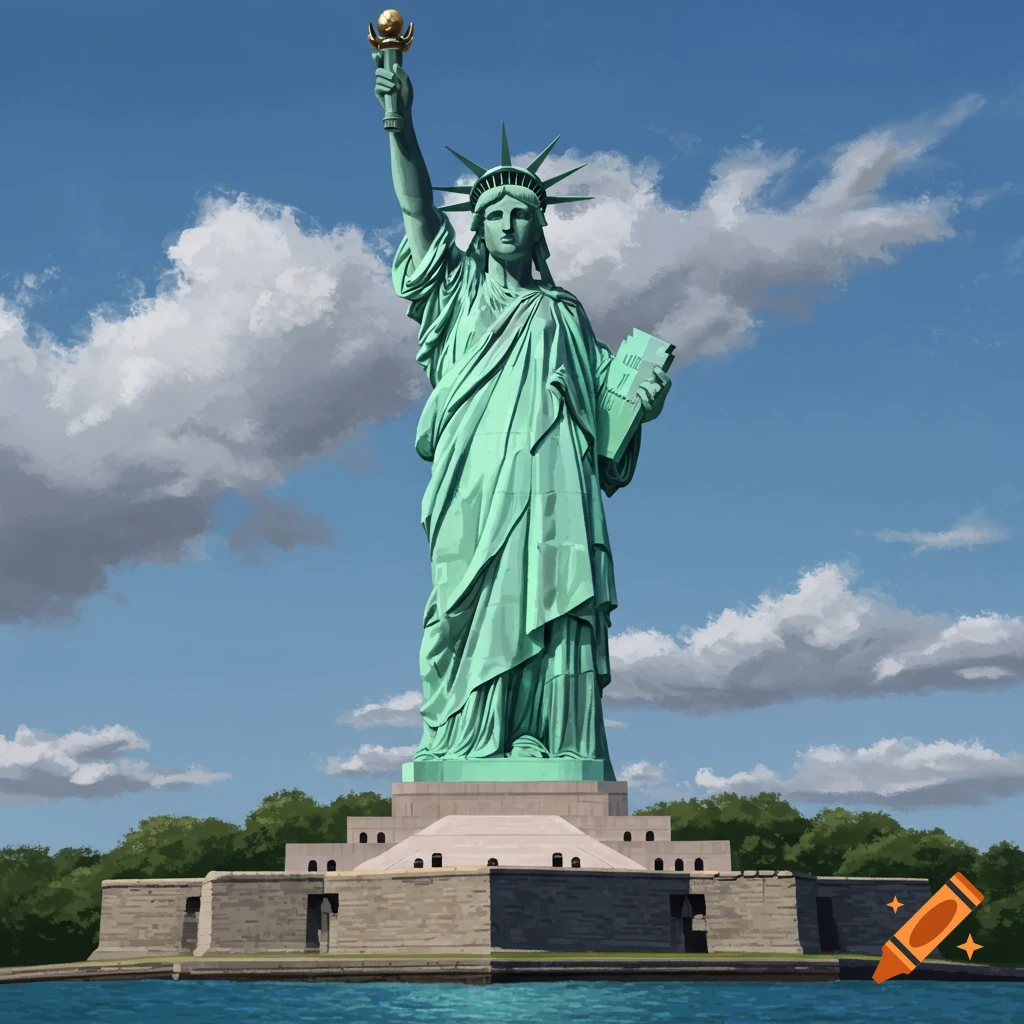 The Statue of Liberty stands on its base with clouds in the sky