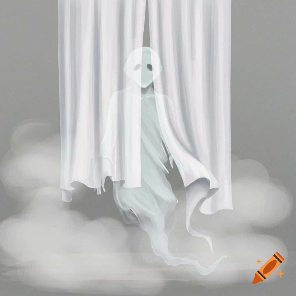 A ghostly figure emerging from behind white curtains surrounded by fog.