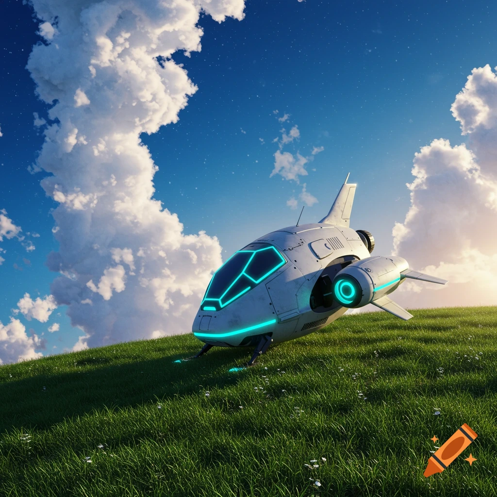 A futuristic white spaceship with blue glowing accents sits on a grassy hill under a cloudy sky.