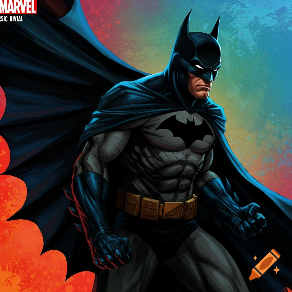 Batman in a pose with cape flowing, against a colorful splatter background.