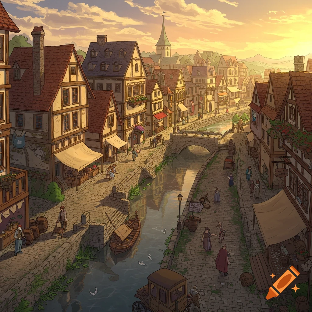 A bustling medieval town scene unfolds along a canal at sunset.
