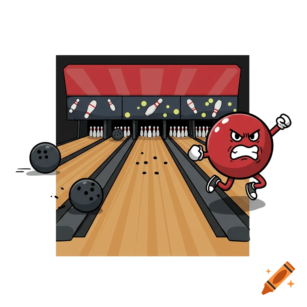 Cartoon illustration of an angry red bowling ball character running down a lane towards pins, with a black ball in the gutter.
