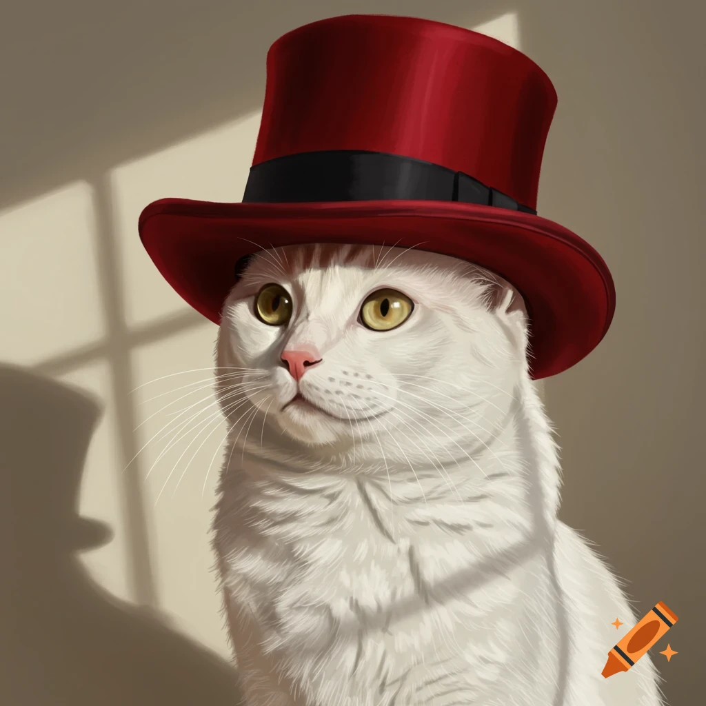 A white cat wearing a red top hat
