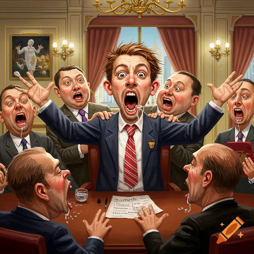 A caricature of men in suits with exaggerated expressions, some drooling, gathered around a table.