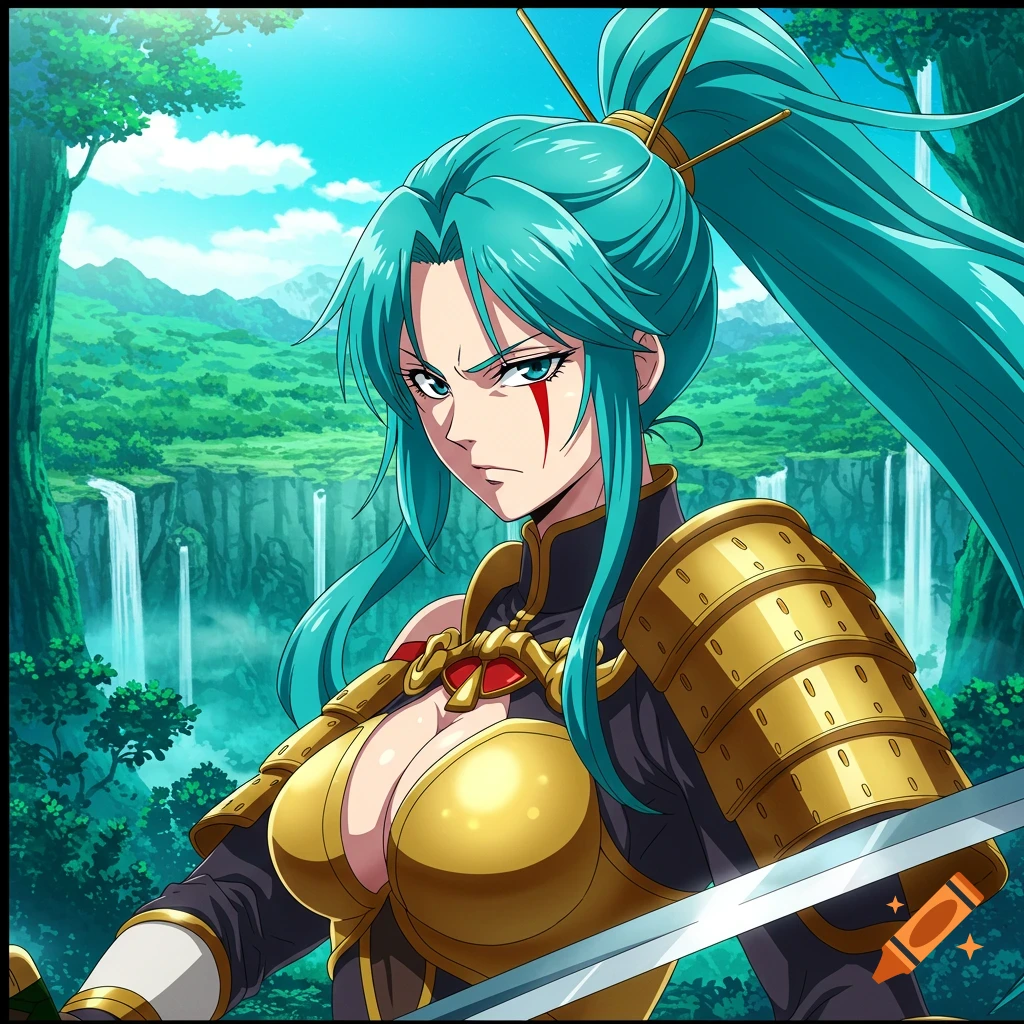 Anime warrior woman in golden armor with a sword, standing in a forest with waterfalls.