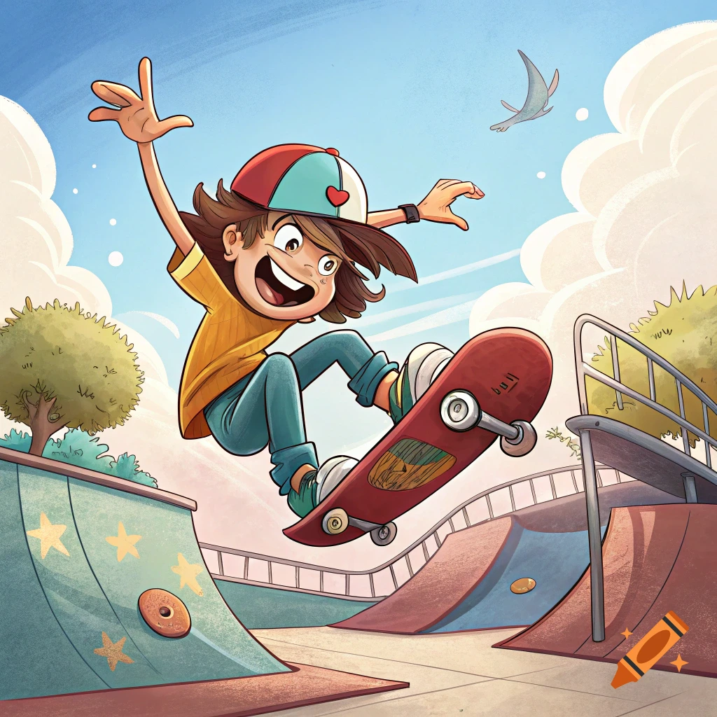 A cheerful cartoon character does a skateboard trick in a colorful skatepark.