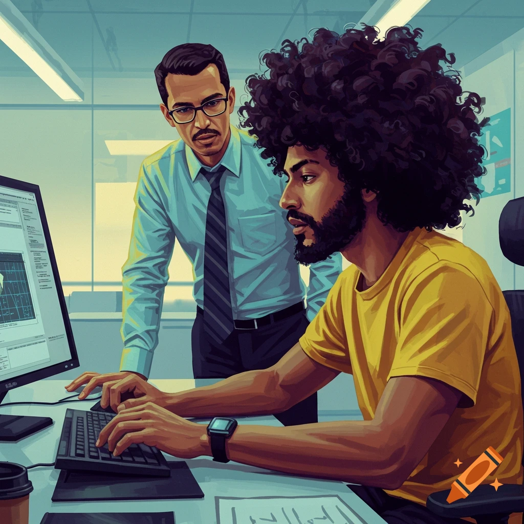 Two men looking at a computer screen in an office.