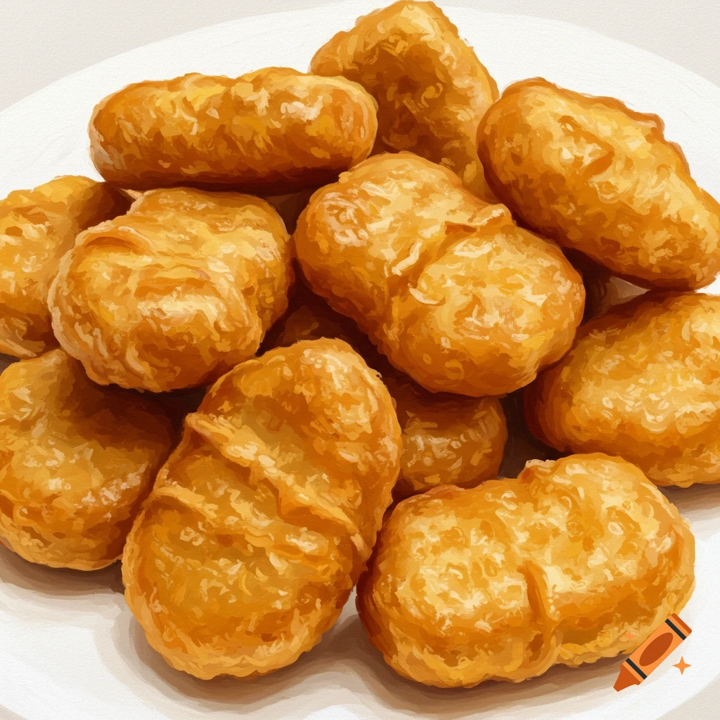 A close-up of a pile of golden-brown chicken nuggets on a white surface.