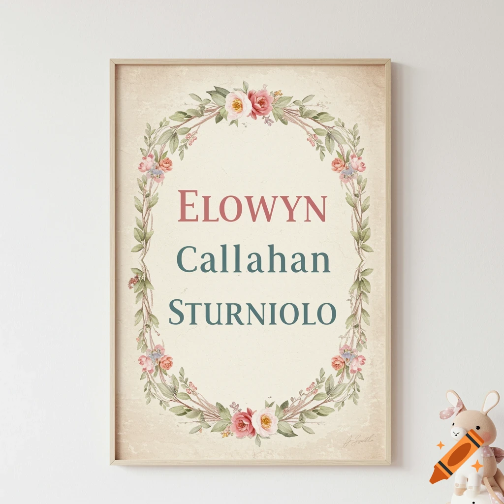 Framed baby name sign with Elowyn Callahan Sturniolo surrounded by a floral wreath in a whimsical vintage style.