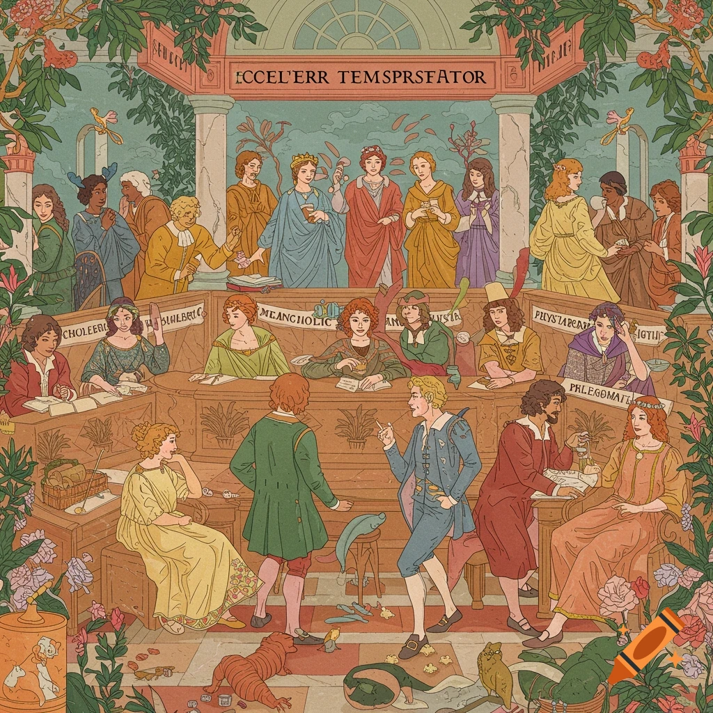 An illustration in a historical style shows people gathered in a classical setting, with labels likely representing the four humors.