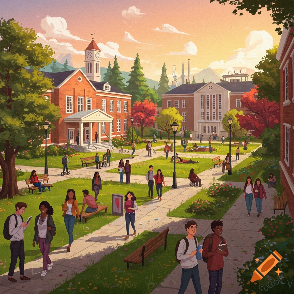 A college campus on a sunny day, with students walking and sitting.