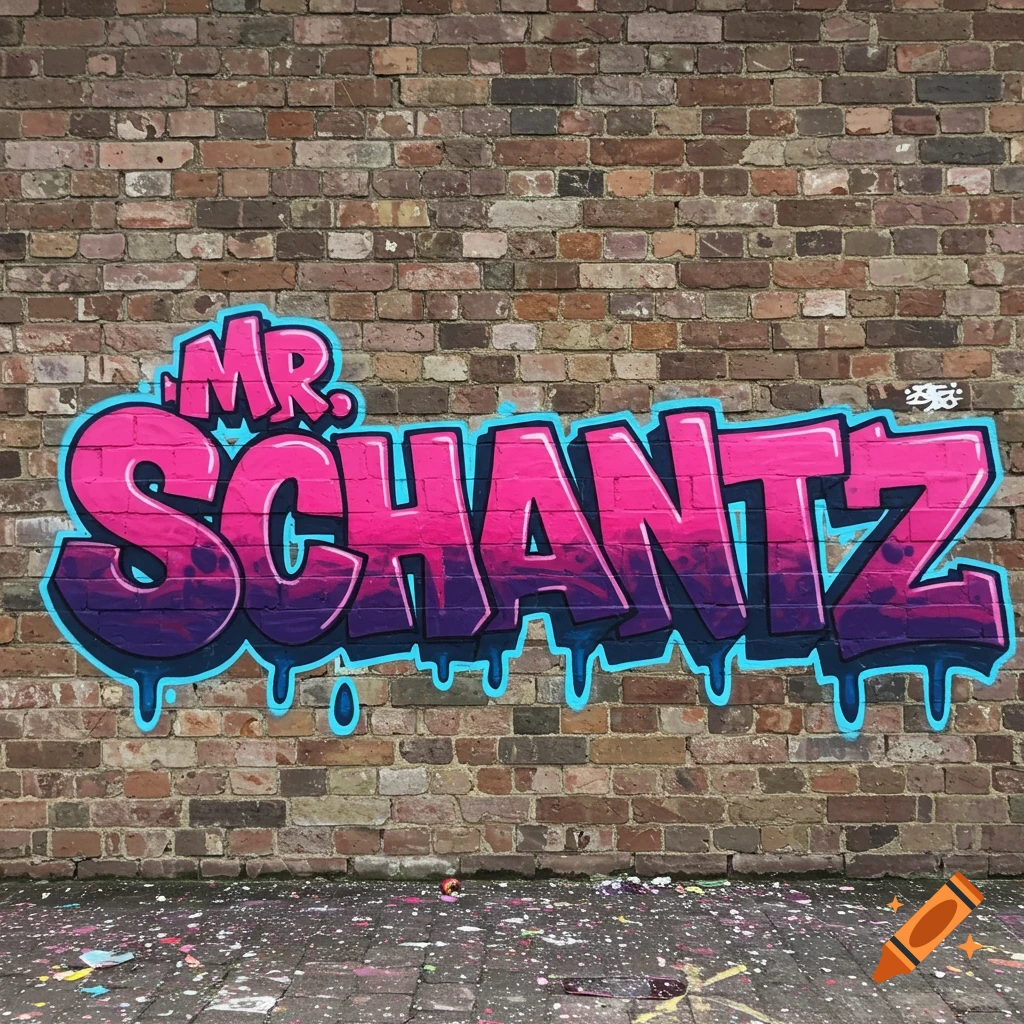 Pink and purple graffiti spelling 'MR. SCHANTZ' with blue outline and drips on a brick wall