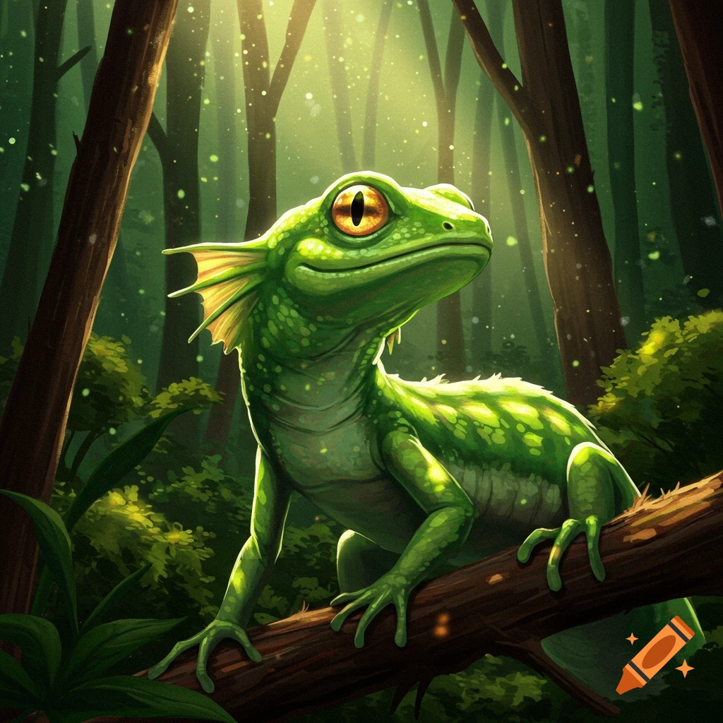 A green lizard-like creature is perched on a branch in a forest.