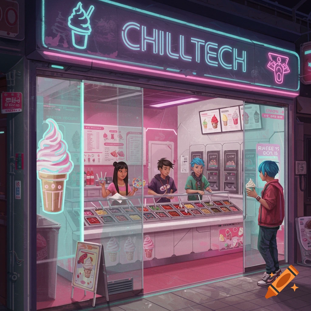A futuristic frozen yogurt store at night with neon signs and customers.