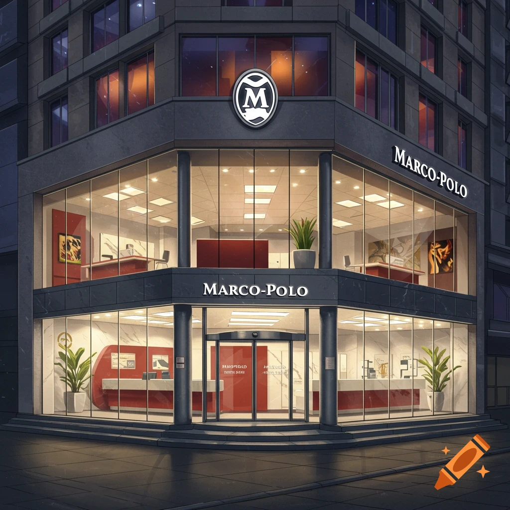 A modern building facade with Marco-Polo signs.