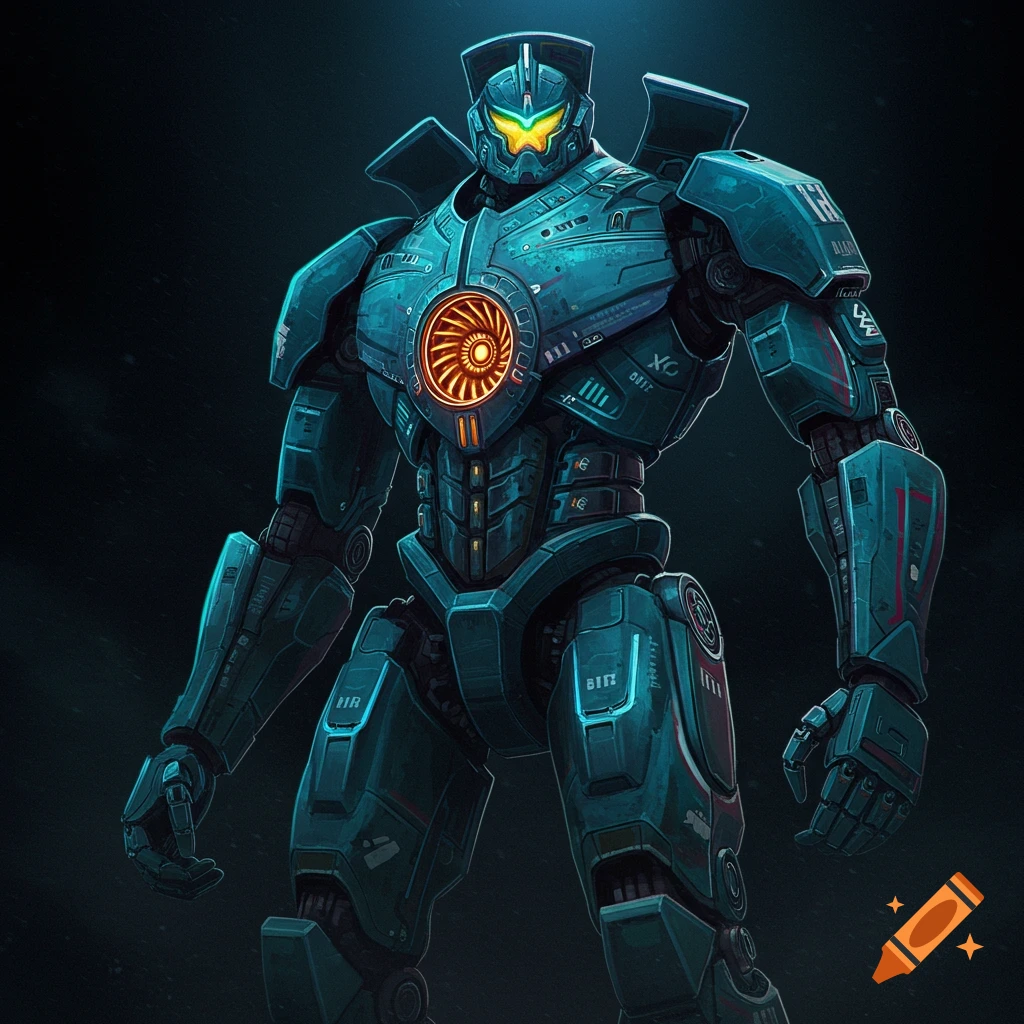 A tall Pacific Rim jaeger robot in cool tones with dramatic neon lighting, shot from below.