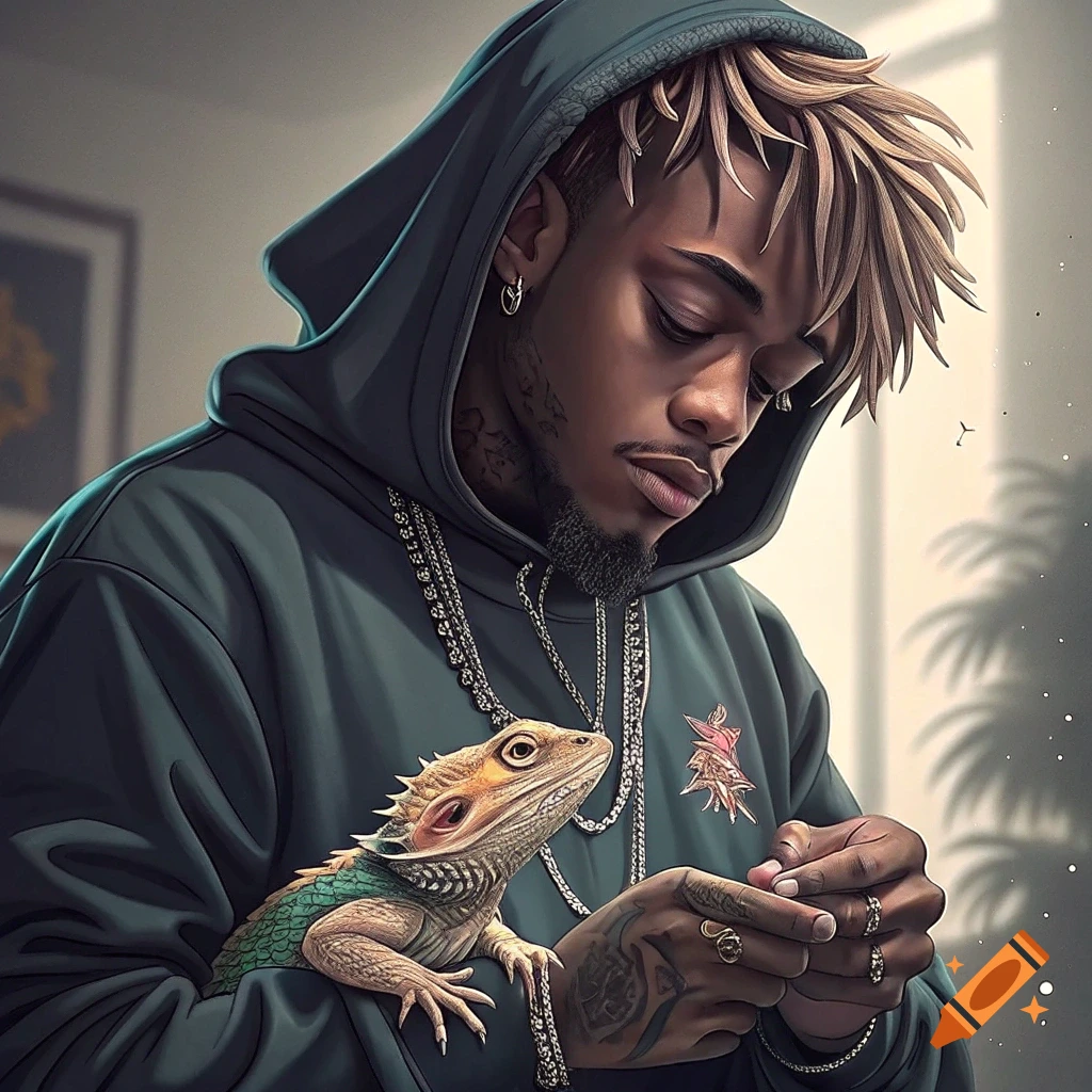 Illustration of a man in a hoodie holding a bearded dragon