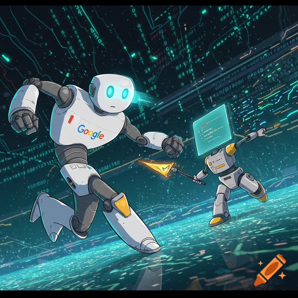 Illustration of two robots battling in a digital space. One has a Google logo, the other has a screen head.