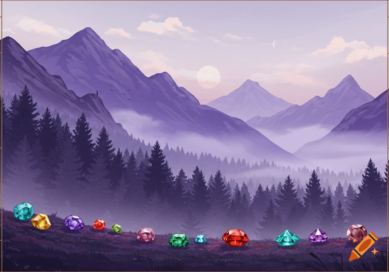 A purple mountain landscape with misty forests and scattered colorful gems in the foreground.