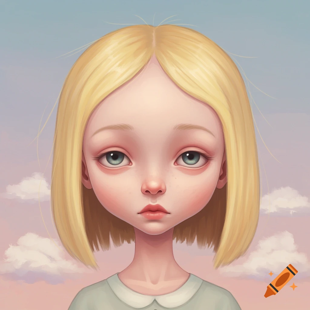 A girl with a large forehead and blonde bob against a pastel sky.