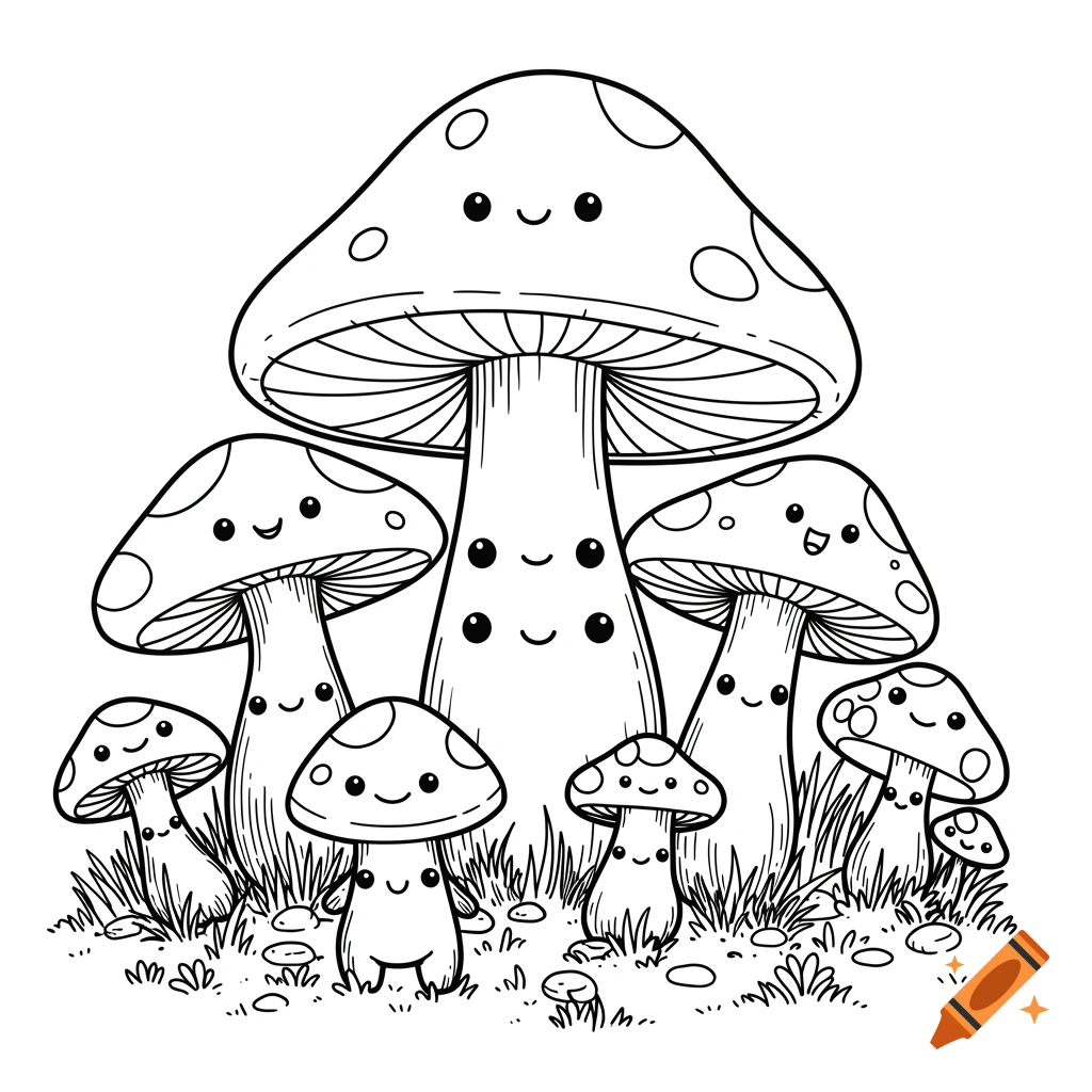 Black and white line art of cute mushroom characters in grass, a coloring book illustration.