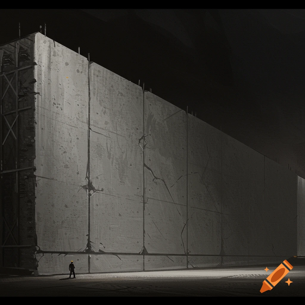 A person stands next to a vast, cracked concrete wall in a dark scene.