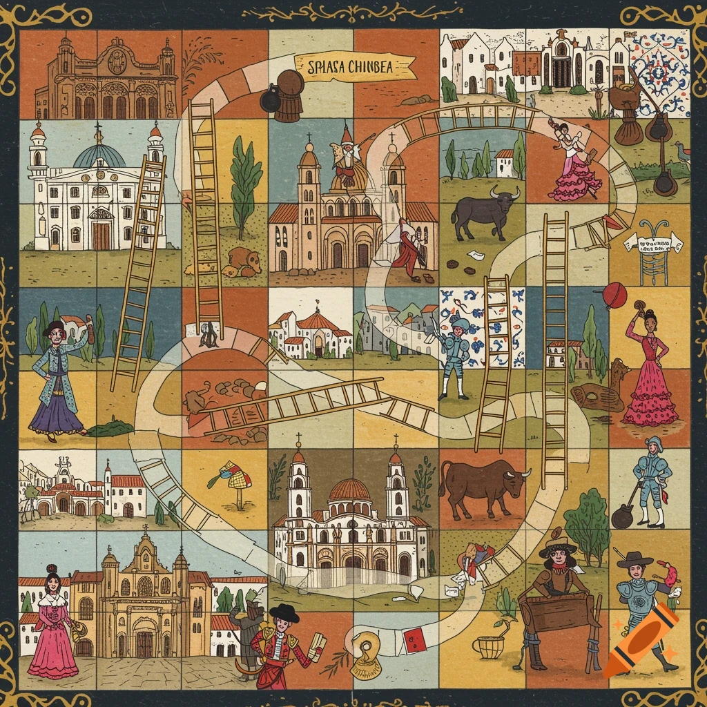 Hand-drawn illustration of a Spanish-themed board game resembling Shoots and Ladders, featuring buildings, dancers, and figures.