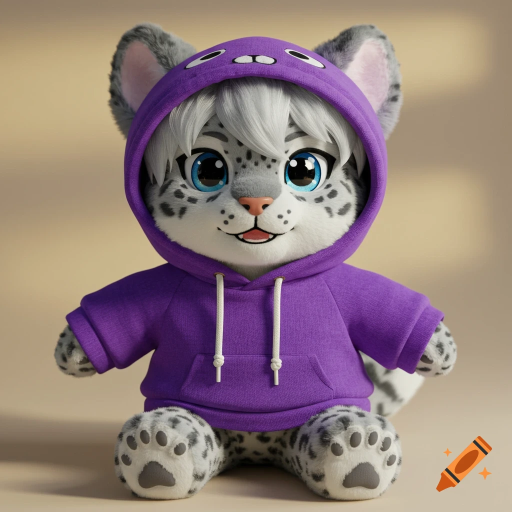A cute snow leopard plushie wearing a purple hoodie in anime chibi style.