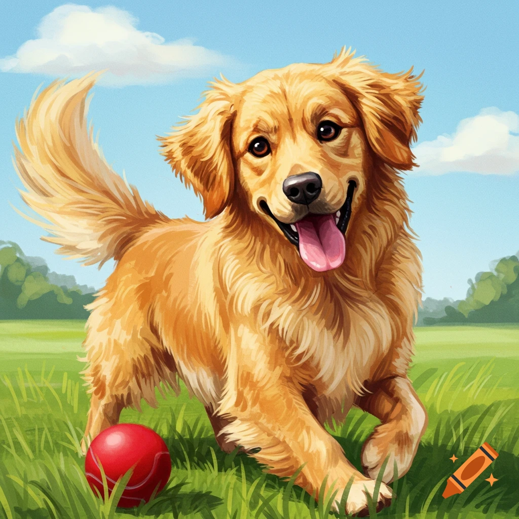 A happy Golden Retriever is running in the grass with a red ball.