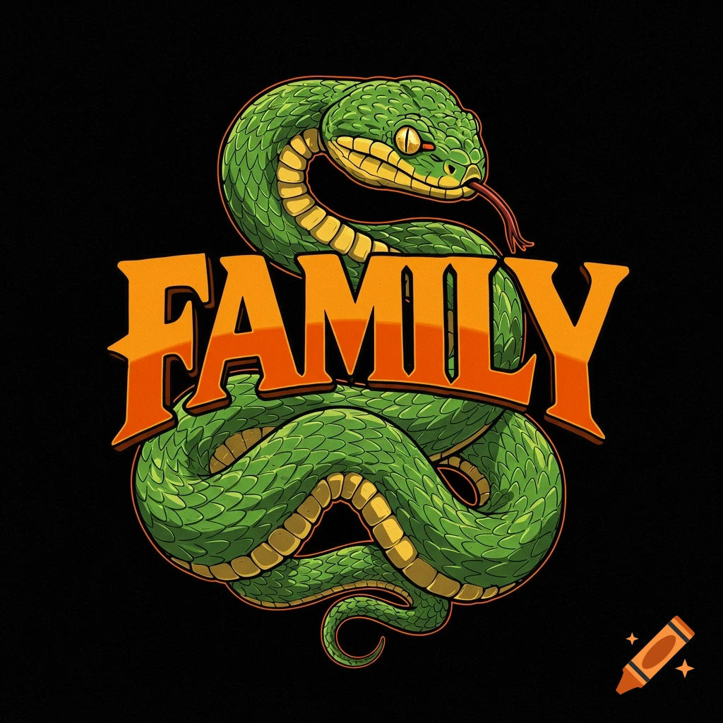 A green snake coiled around the orange word FAMILY.