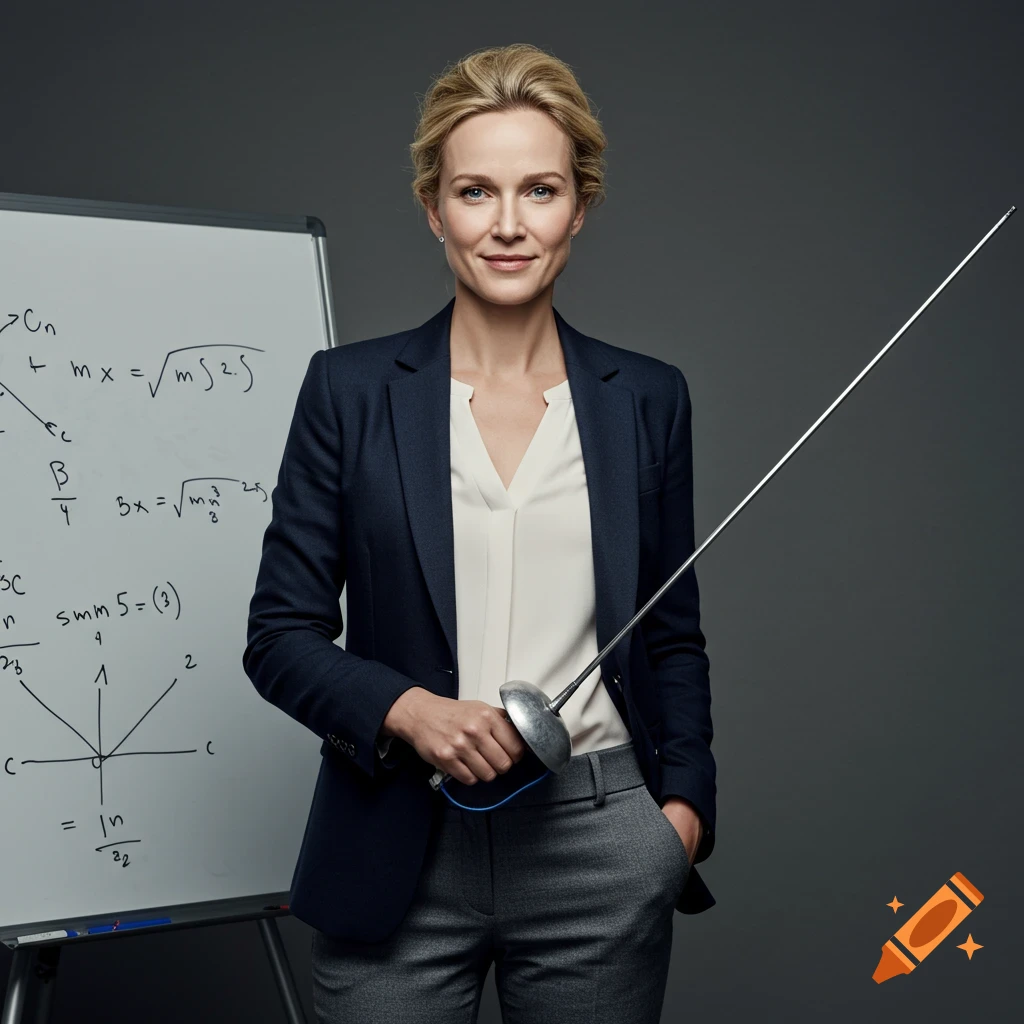 Portrait of a woman in a suit holding a fencing sword next to a whiteboard with math equations.