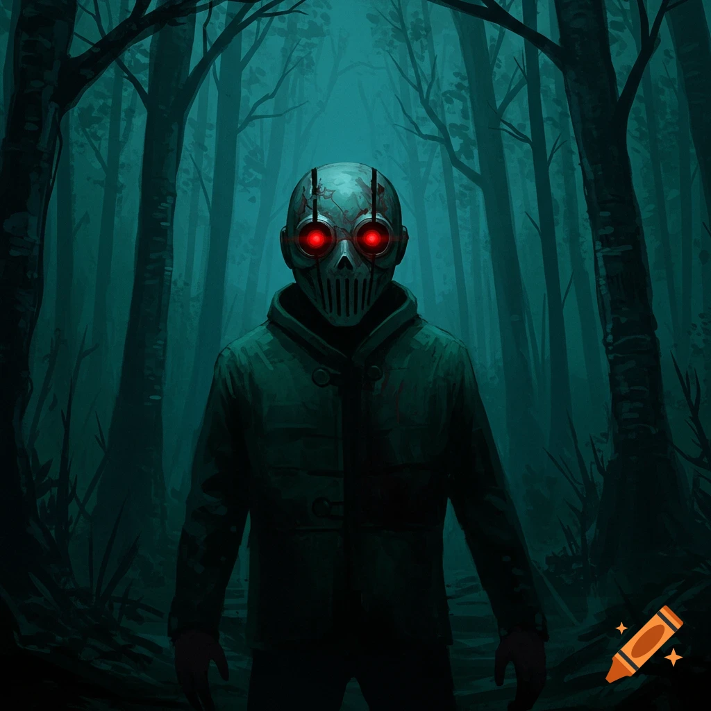 A figure in a white mask with red eyes stands in a dark, foggy forest.