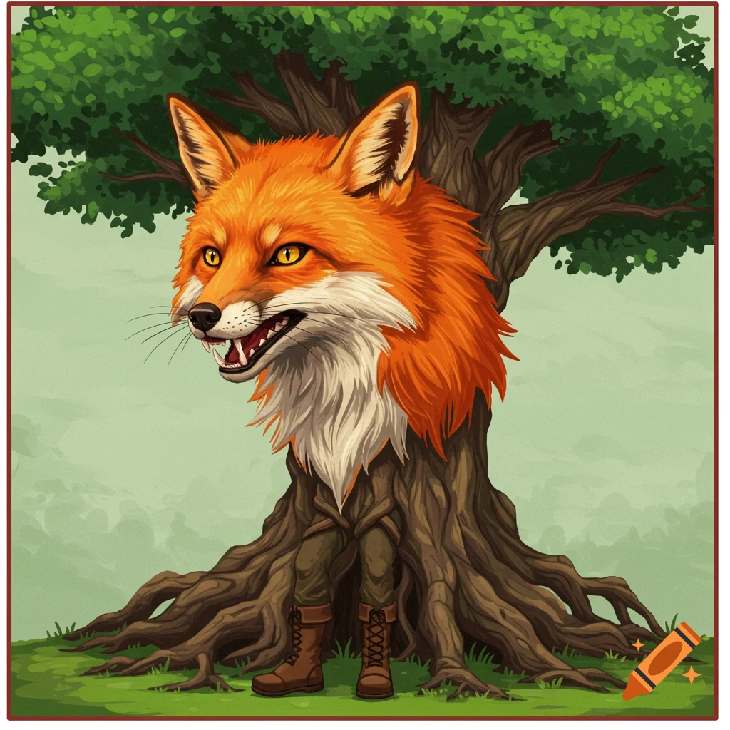 A fox head on a tree body with human legs standing in a forest.
