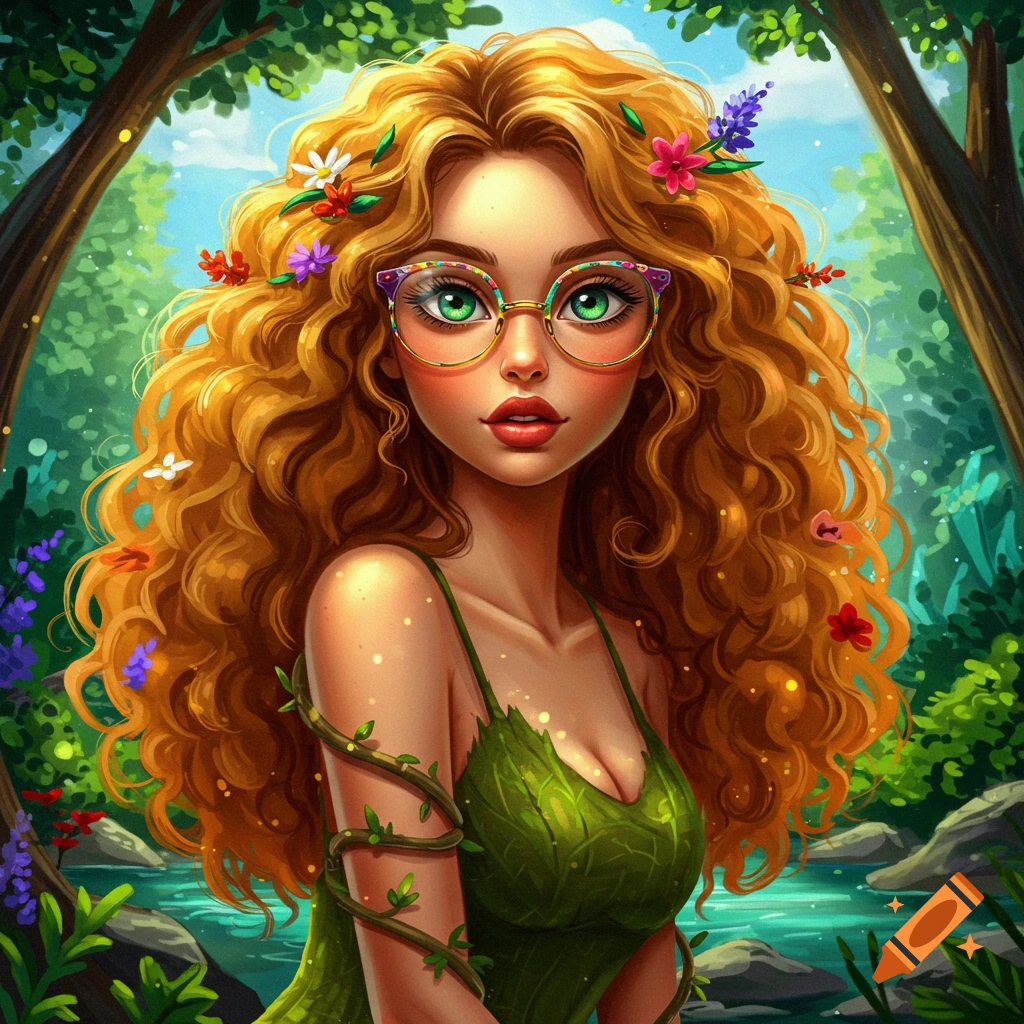 Stylized portrait of a fantasy woman with curly hair, glasses, and a leaf dress in a forest.