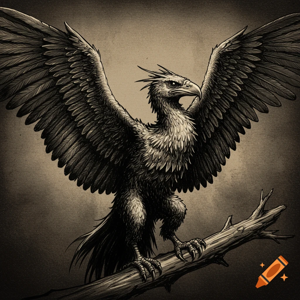 Black and white drawing of a thunderbird cryptid perched on a branch with wings spread.