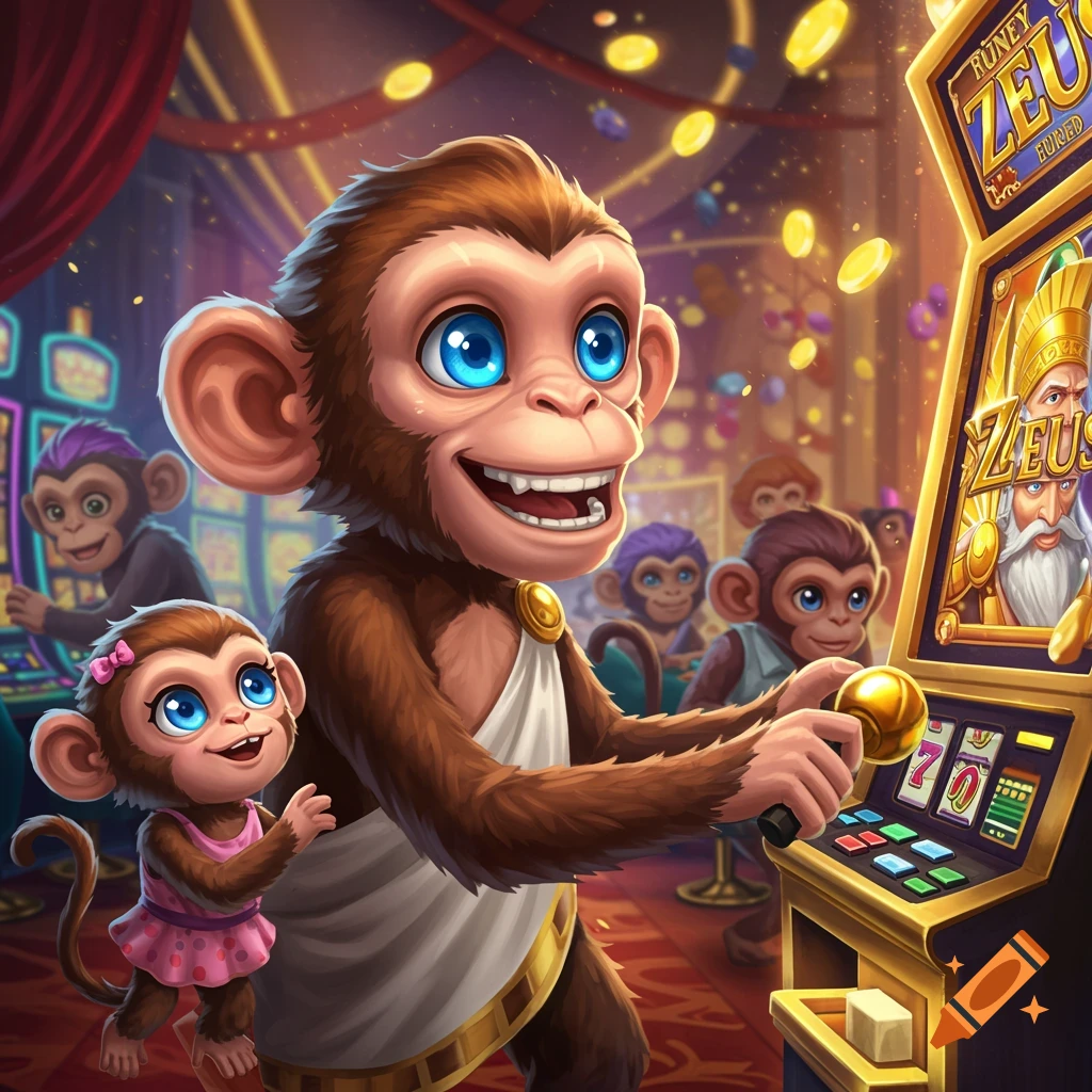 Cartoon monkeys play a Zeus slot machine in a lively casino, with gold coins falling.