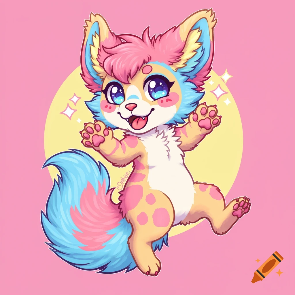 A cute, brightly colored furry chibi character smiles and waves.