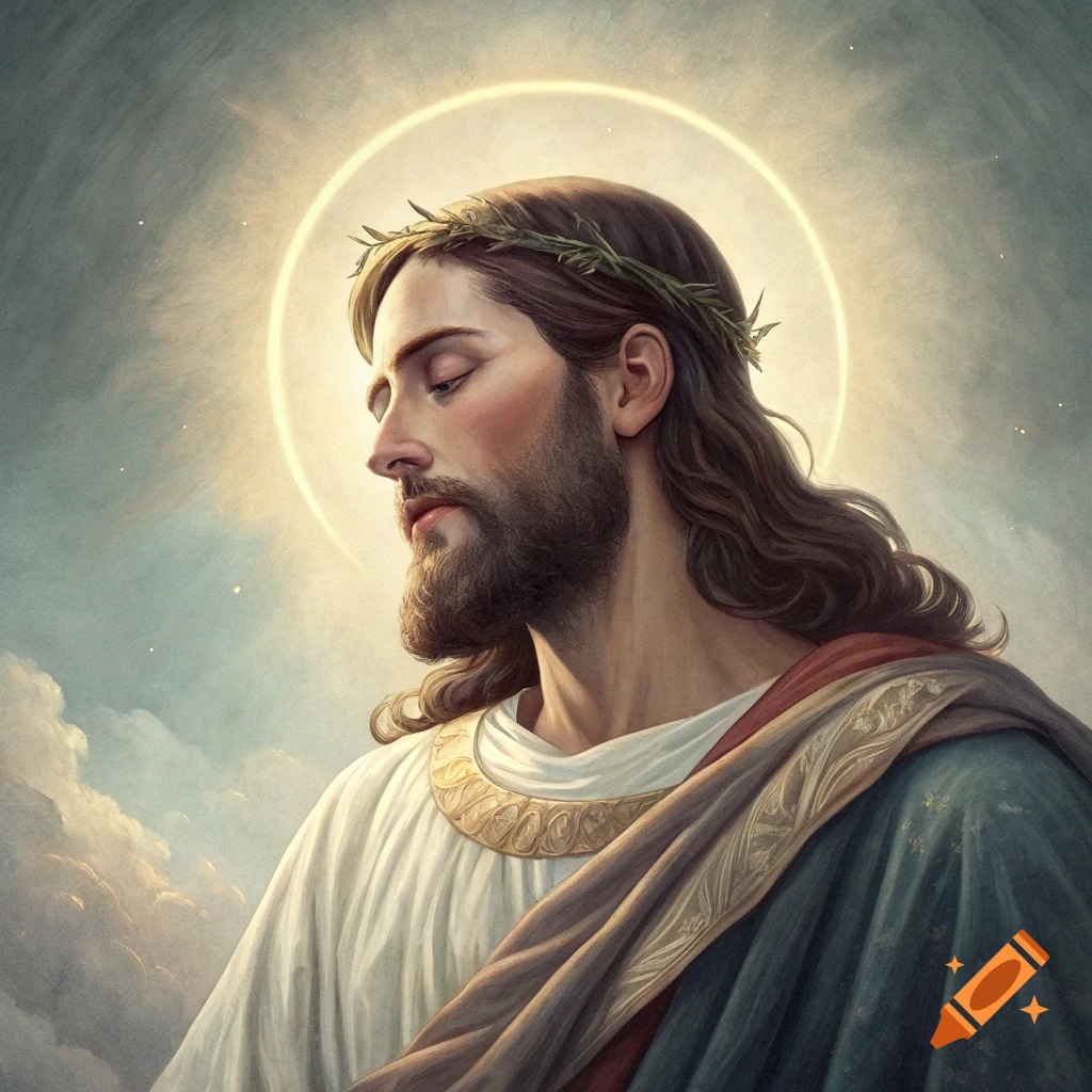 Portrait of Jesus Christ with a crown of thorns and a halo against a cloudy sky.
