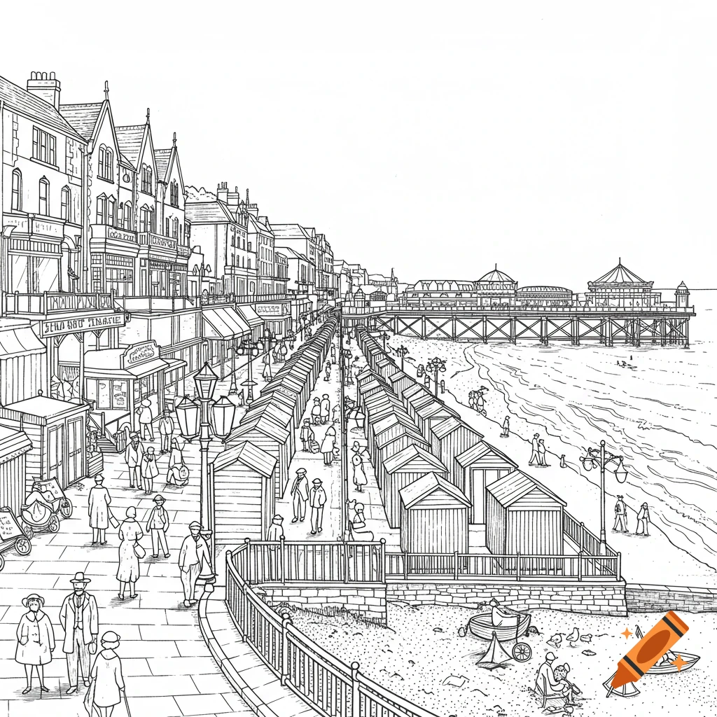 Black and white line drawing of an English seaside town with a pier, beach huts, and people walking along the promenade.