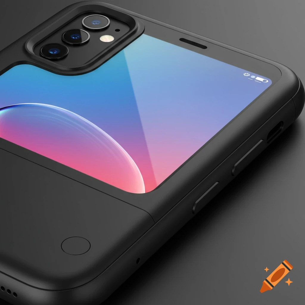 Close-up of a black smartphone case and screen on a dark background.