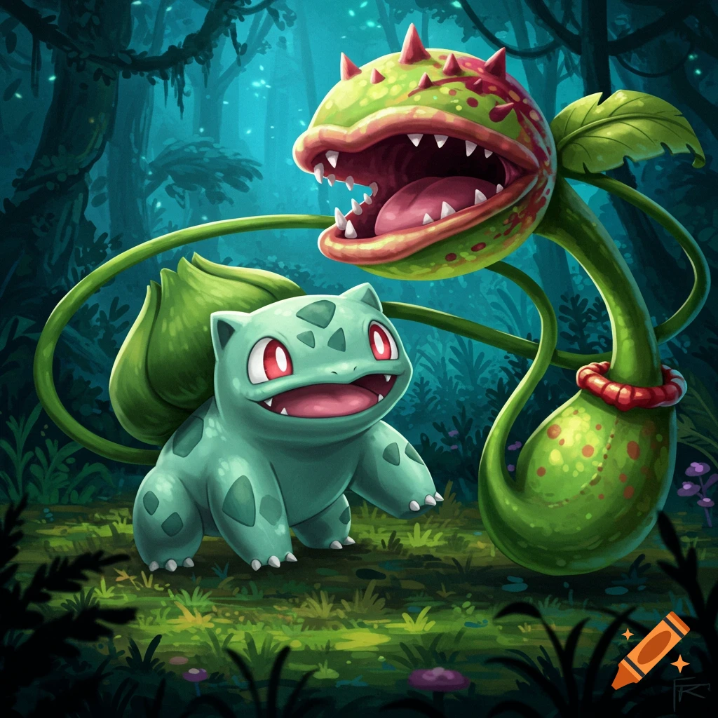 Bulbasaur and Victreebel in a jungle.