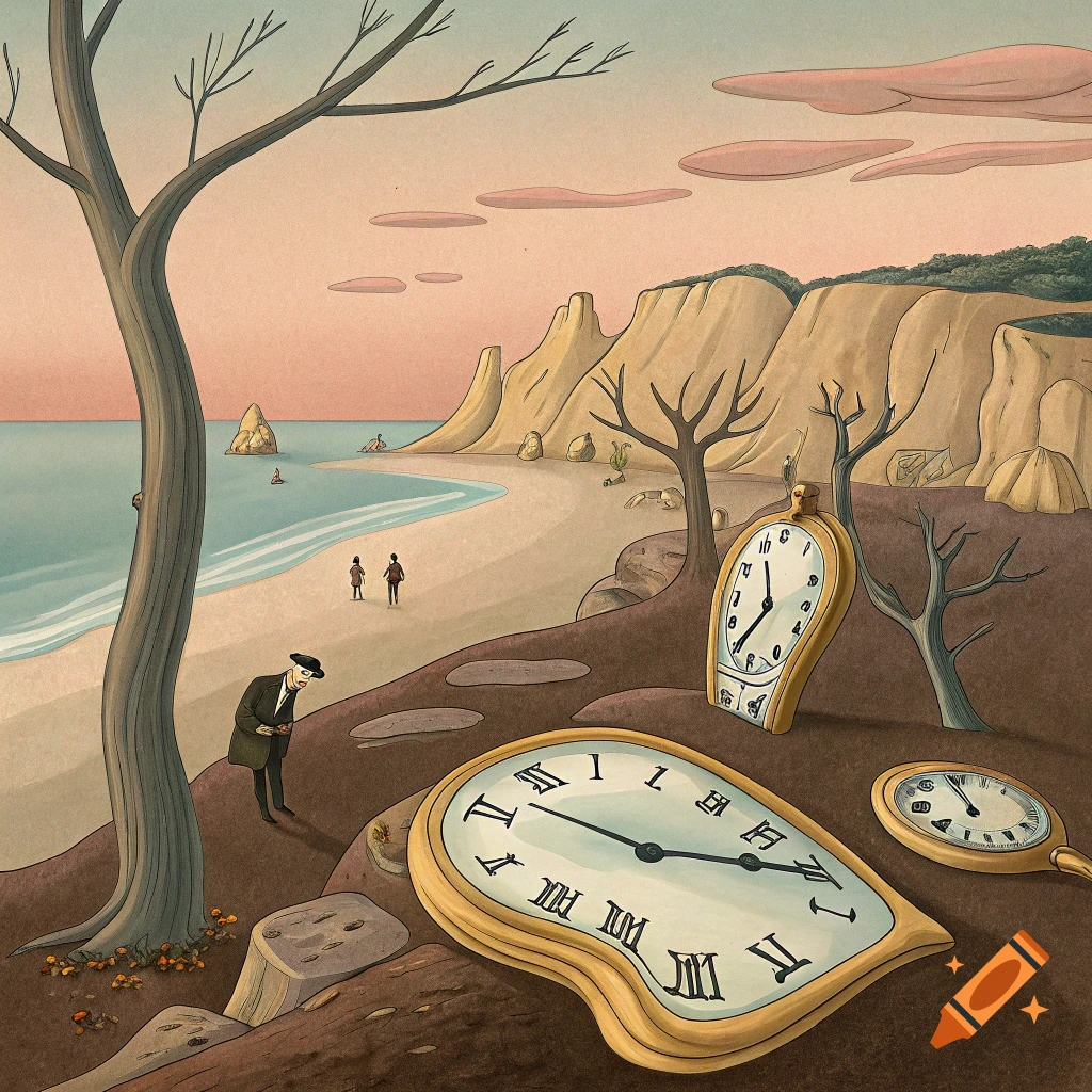 Surreal painting in the style of Salvador Dali with melting clocks on the ground in a landscape with a beach, cliffs, and a figure.