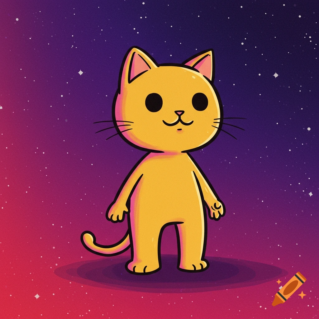 Cartoon yellow cat standing in starry space