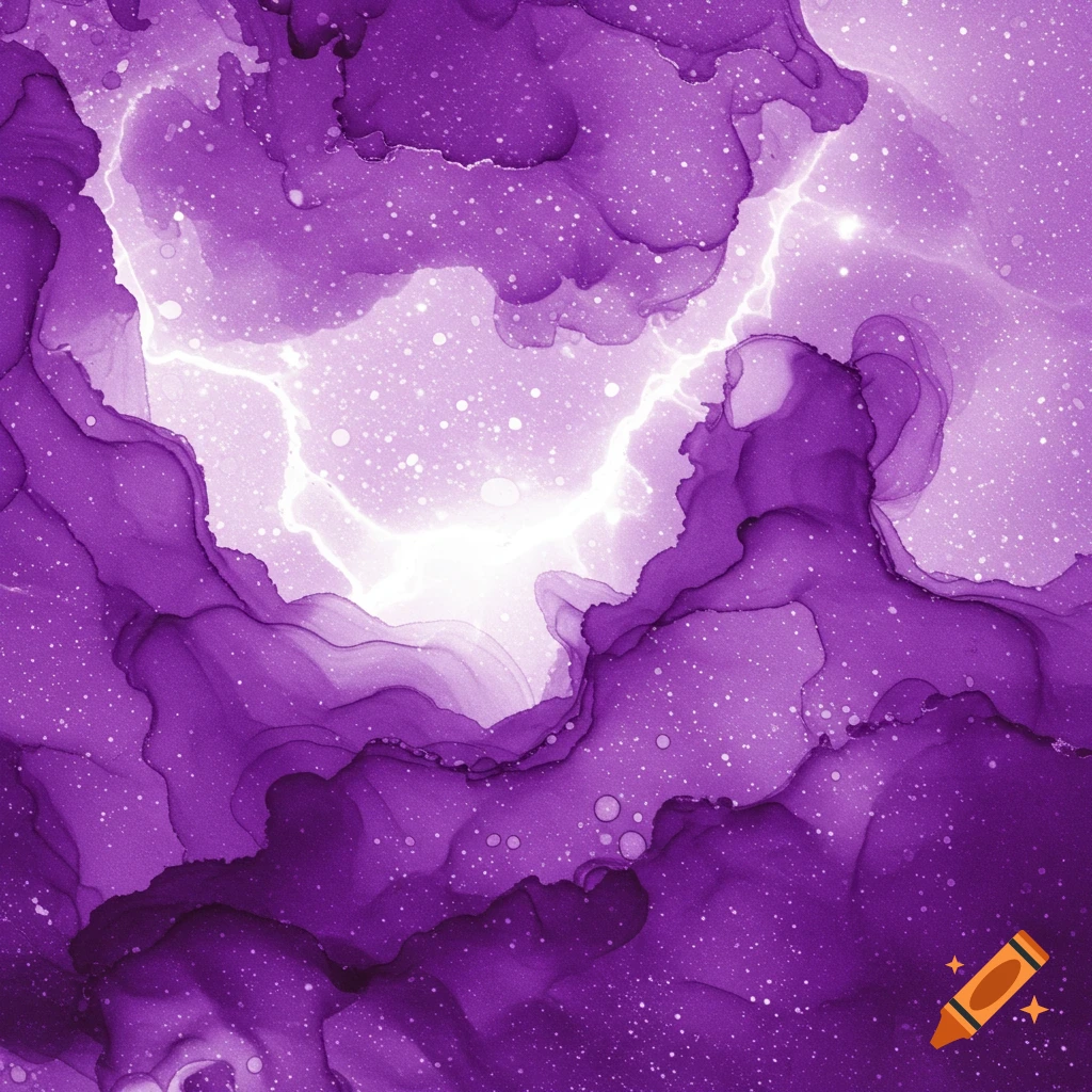 Abstract image of swirling purple and white fluid shapes with white speckles, resembling ink or cosmic clouds.