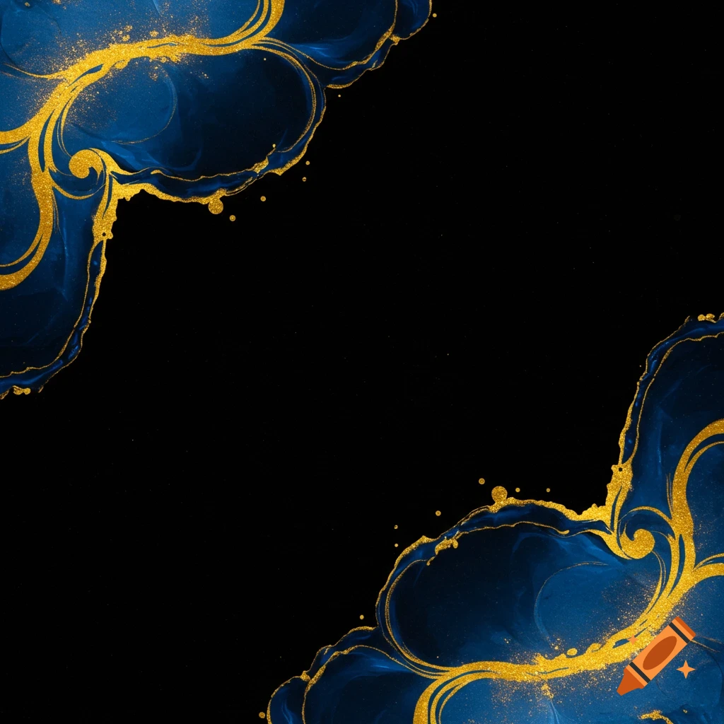 Abstract blue and gold swirls on a black background.