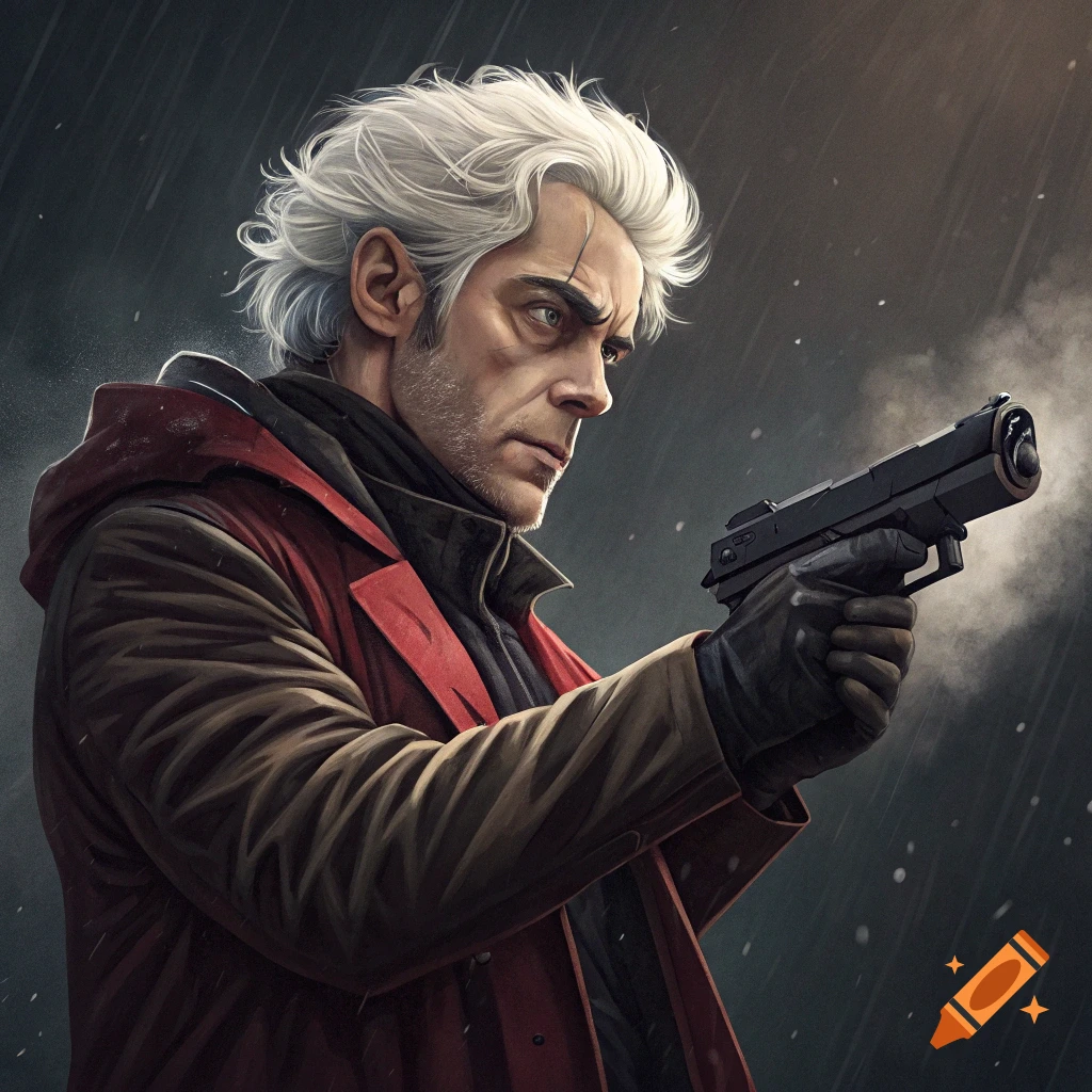 Illustrative portrait of a man resembling Berlin holding a gun in rain.