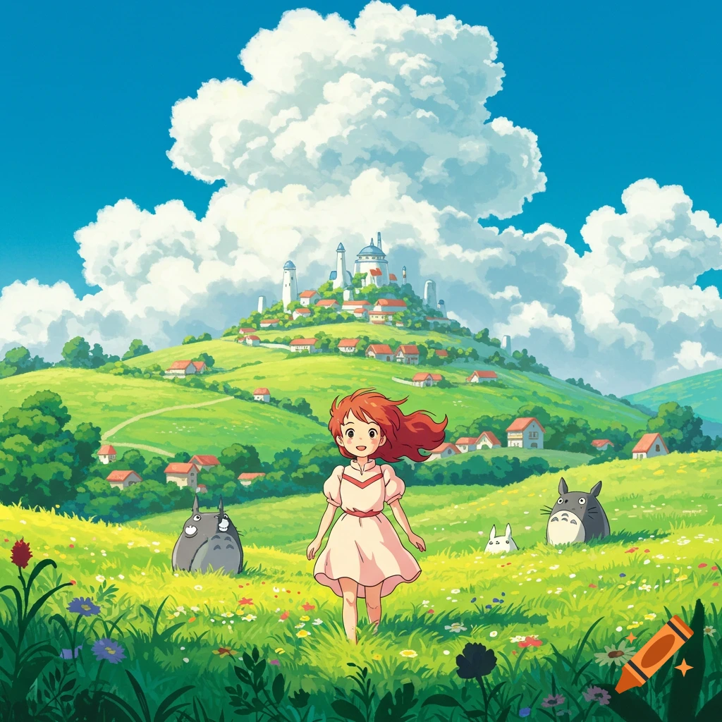 Young girl walks through flowery field with large creatures and town on hill in Studio Ghibli style