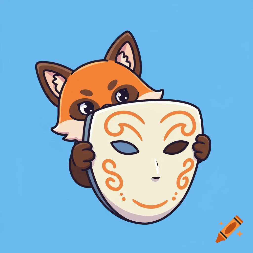 Cartoon fox holding a stylized mask, peekaboo style.